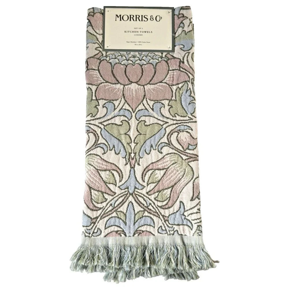 Morris & Co Kitchen Dish Towels Set of 2 Lodden 100% Cotton Fringe Pink Blue